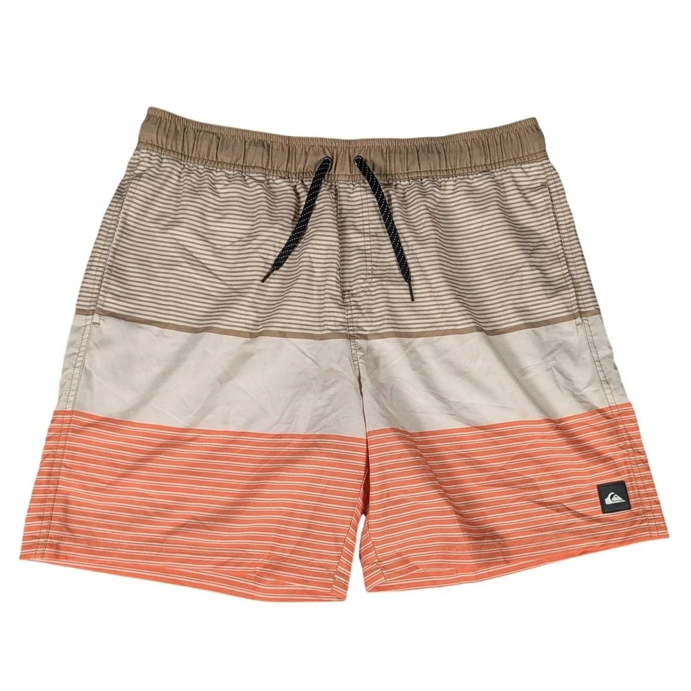 Quiksilver Mens Striped Colorblock Board Shorts Tan Orange Swim Trunks L